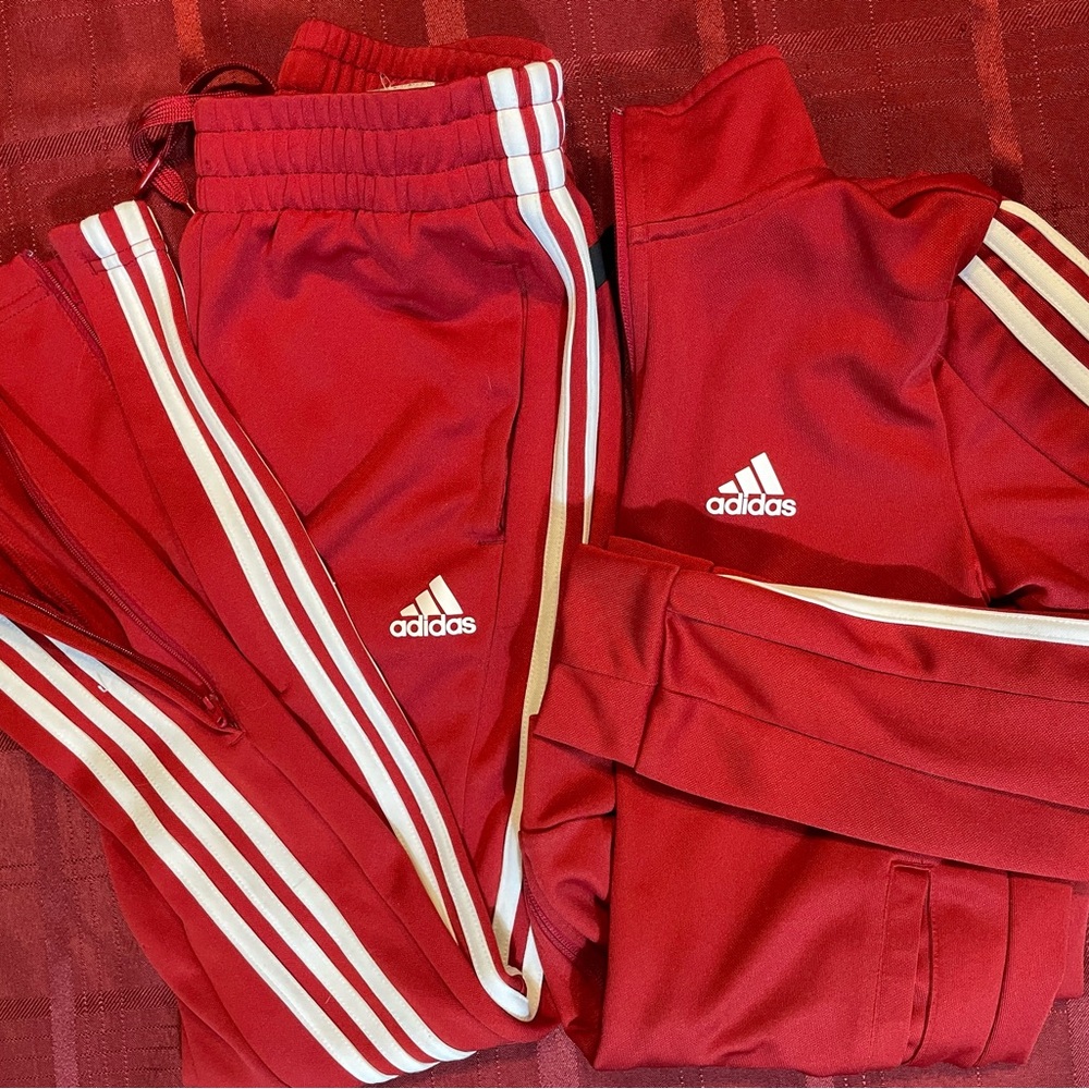 adidas Red Skinny Track Pants with White Stripes